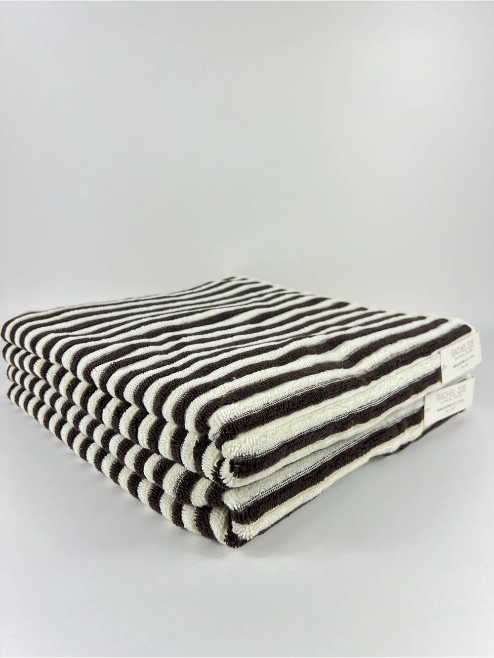 Rachel Zoe Bath Towels Brown and Cream Striped Soft 100% Cotton 2 Pc NEW